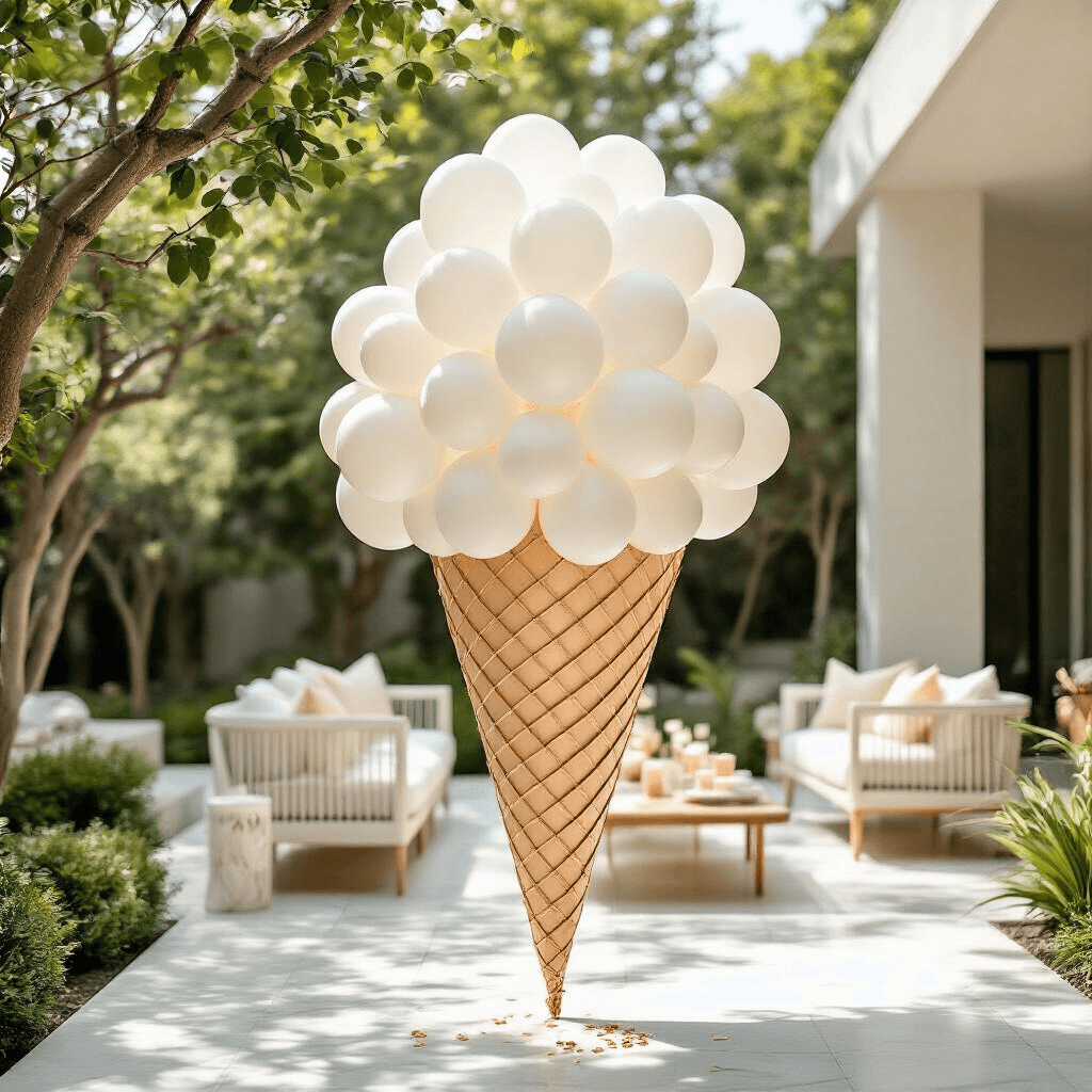 A modern minimalist outdoor summer party featuring an elegant ice cream balloon installation of white and ivory balloons in cone shapes, set in a stylish backyard with marble flooring and sage green landscaping, adorned with rose gold accents and gold leaf sprinkles, captured in soft afternoon light with a wide-angle perspective.