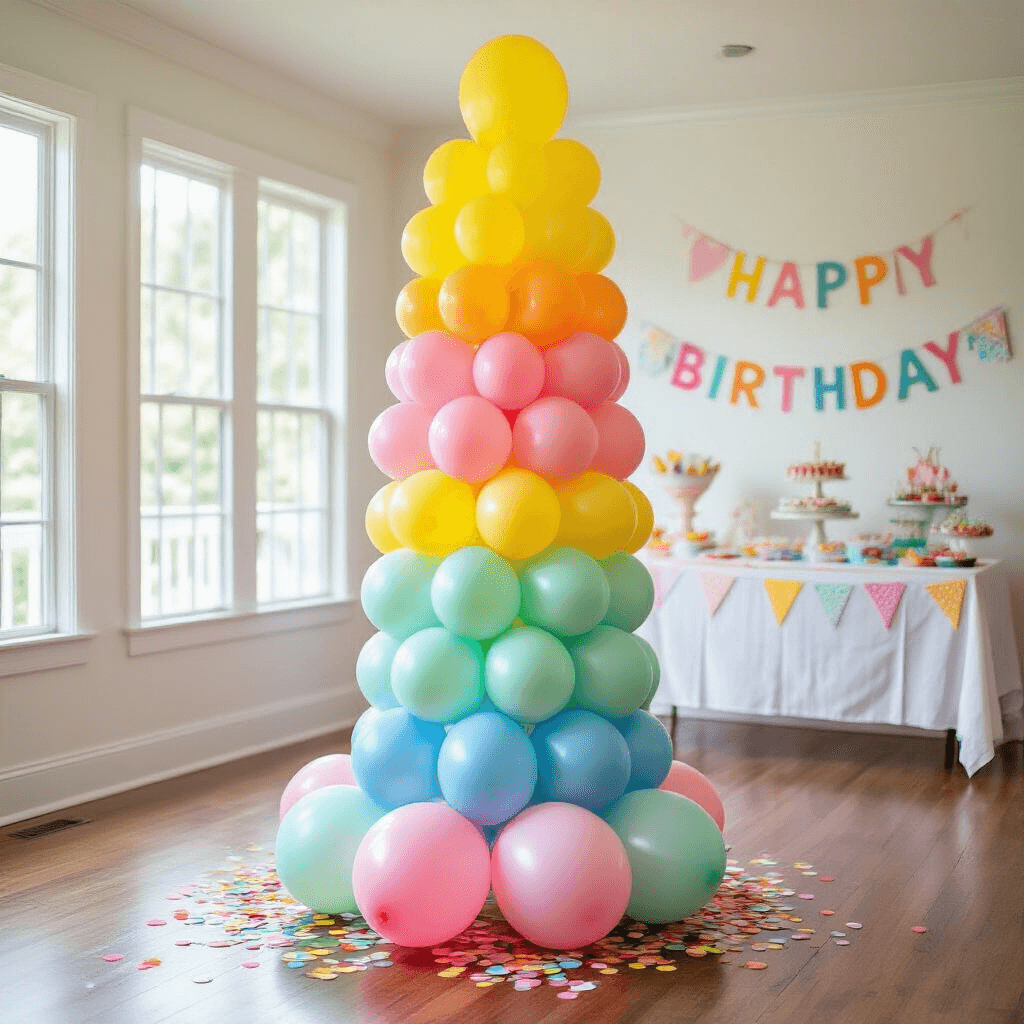 A vibrant children's birthday party scene featuring a towering rainbow-themed balloon ice cream cone column in yellow, pink, mint green, and blue. The balloon installation, approximately 6 feet tall, is adorned with colorful tissue paper confetti 'sprinkles' and red pom-pom 'cherries,' creating a whimsical atmosphere. The backdrop includes a cheerful birthday banner and a dessert table in a bright, airy living room with white walls and natural wood floors.