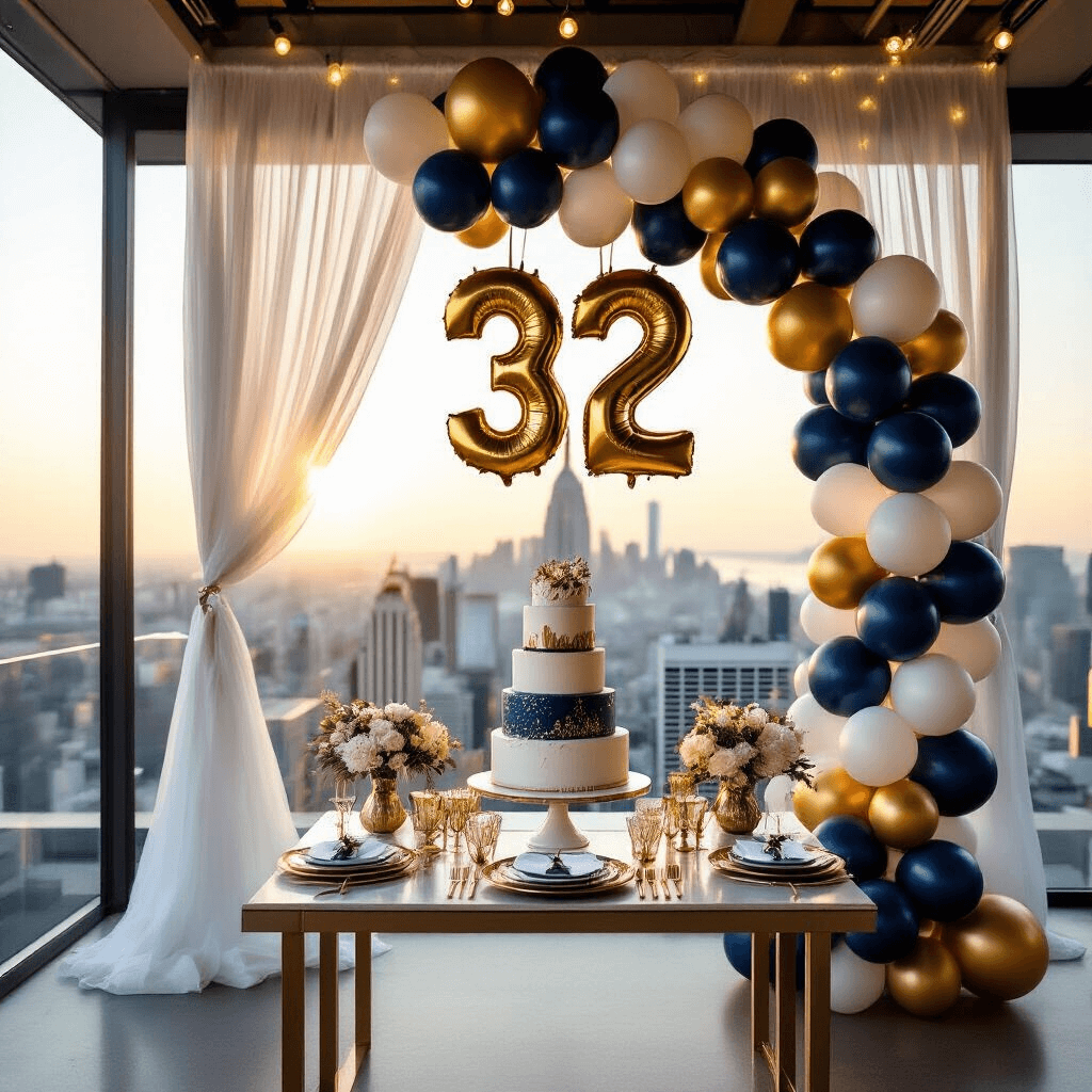 A luxurious 17th birthday party setup on a modern rooftop at golden hour, featuring metallic navy and gold number balloons, a three-tier cake on a styled dessert table, elegant balloon arch, fairy lights, sheer drapery, and a stunning city skyline view through floor-to-ceiling windows, all captured from a cinematic overhead angle.
