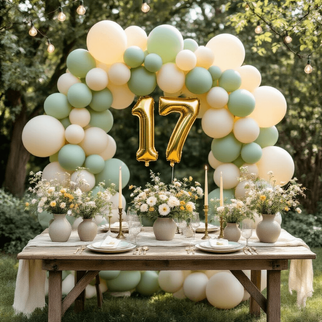 Whimsical outdoor garden birthday celebration for a 17-year-old with sage green and cream balloons, gold-dipped foil number balloons, wildflower centerpieces, and soft sunlight filtering through trees.