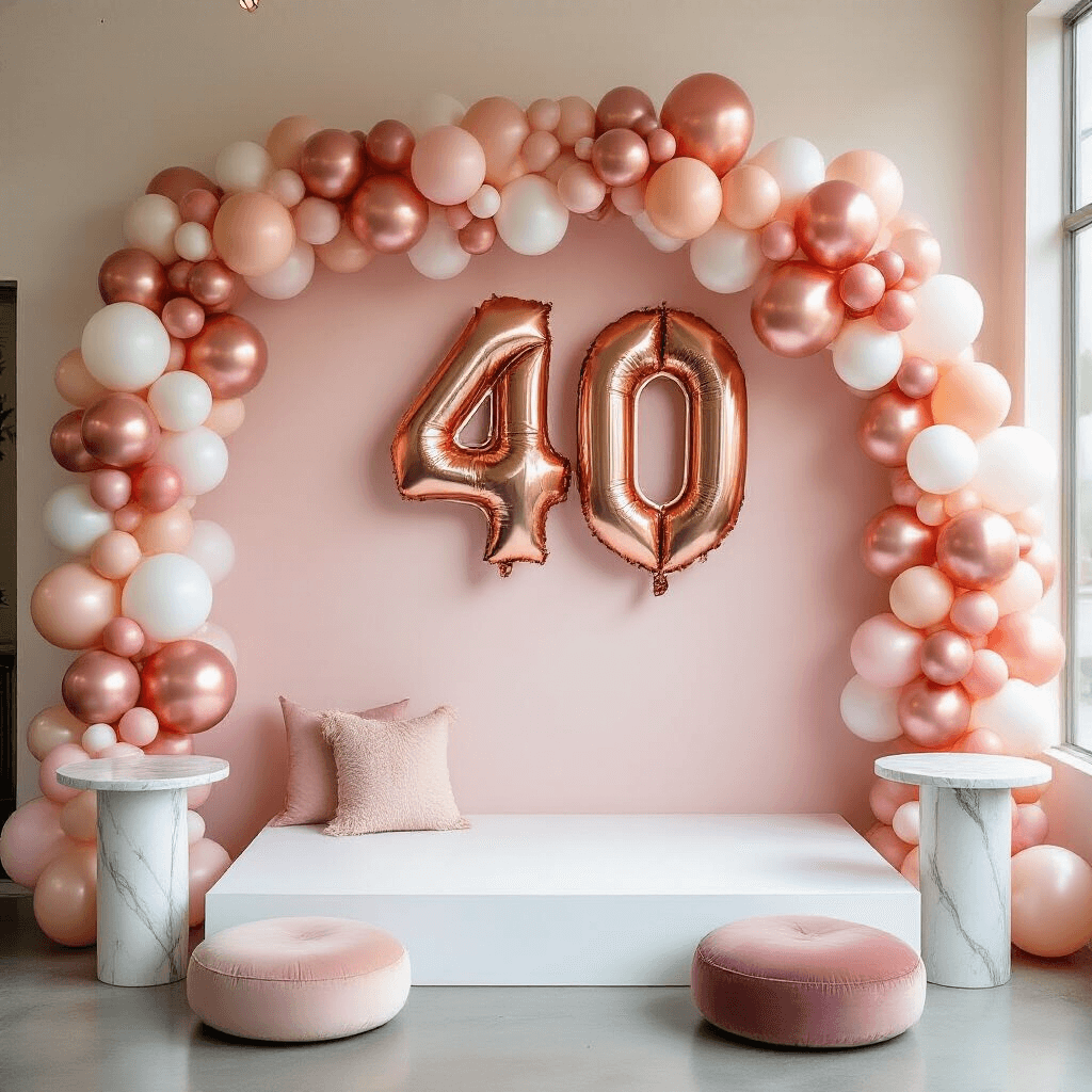 A beautifully styled photo zone featuring metallic rose gold number balloons, a blush pink and white backdrop, and a curated balloon garland, complemented by modern white platform seating and soft lighting.
