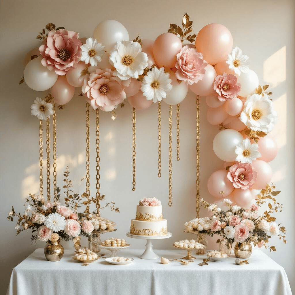 Photorealistic overhead view of a sophisticated balloon installation in blush pink, white, and gold, featuring intricate floral and chain patterns, softly illuminated by golden hour light over a white linen-covered dessert table with metallic accents and shadow details.