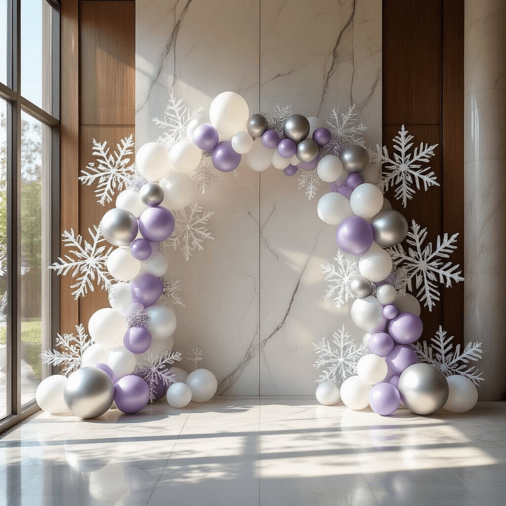 Cinematic wide-angle view of a sophisticated wedding ceremony backdrop with long balloon snowflakes in silver, white, and lavender, elegantly arranged in geometric patterns, illuminated by soft morning light streaming through large windows, set against a minimalist marble and wood architectural backdrop.
