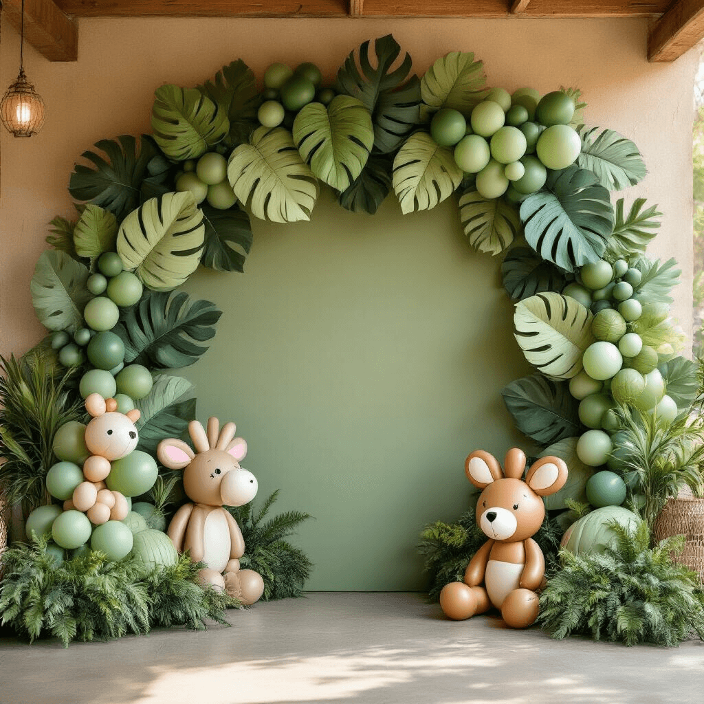 Intimate close-up of a safari-themed children's party entrance featuring woven balloon leaf installations in shades of sage green and emerald, with organic shapes, balloon animal characters, and textured balloon chains, all illuminated by warm afternoon light.