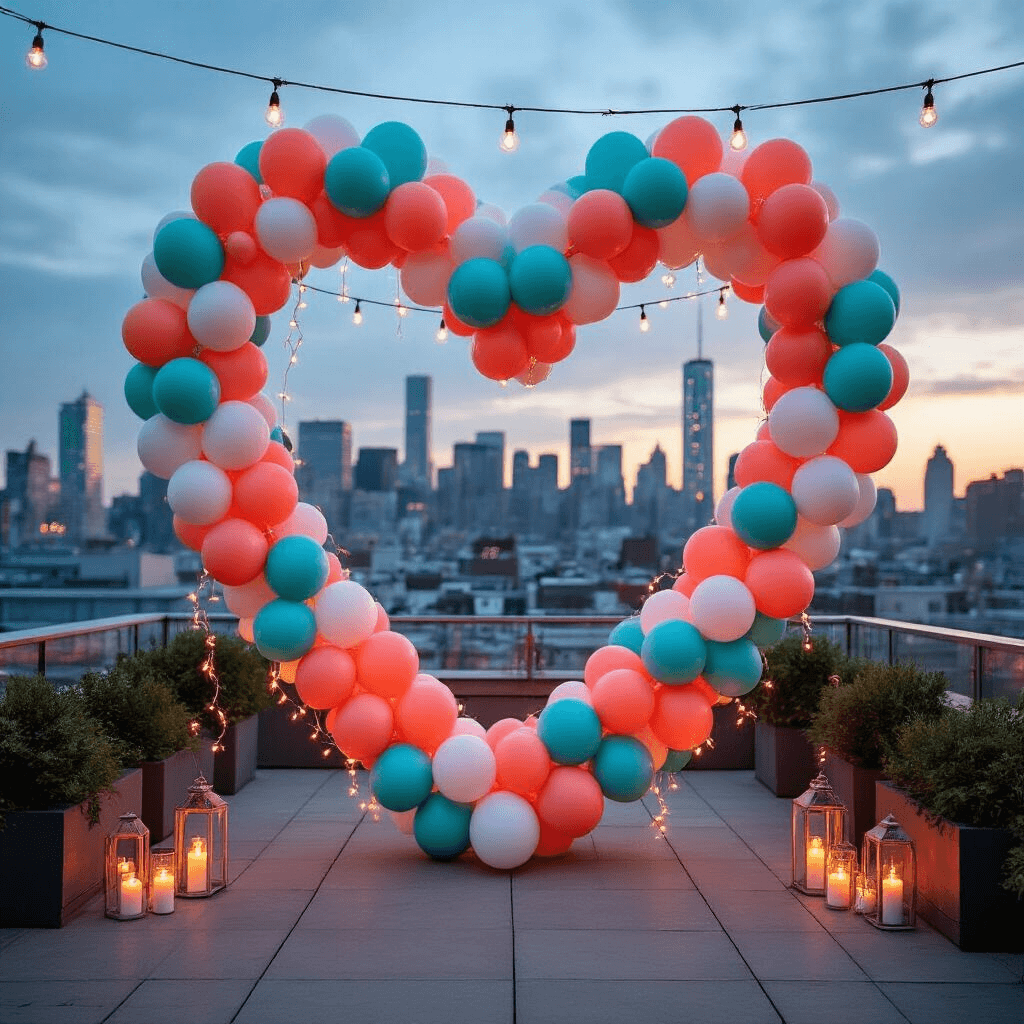 Rooftop terrace event space with a large coral, turquoise, and white balloon bow installation against a modern city skyline, illuminated by fairy lights and candles, creating a magical evening atmosphere.