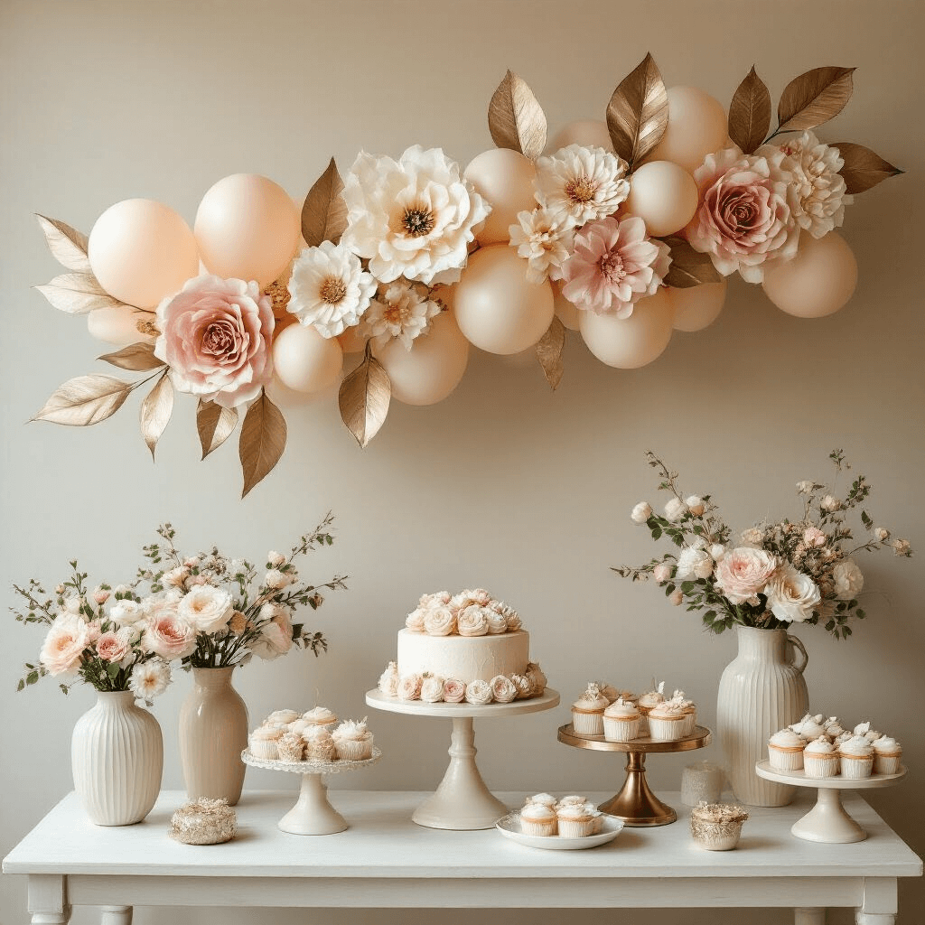 Detailed flat-lay of a botanical baby shower dessert table featuring soft blush, cream, and champagne balloon leaf and flower installations, ceramic vases, floral arrangements, and metallic cake stands.