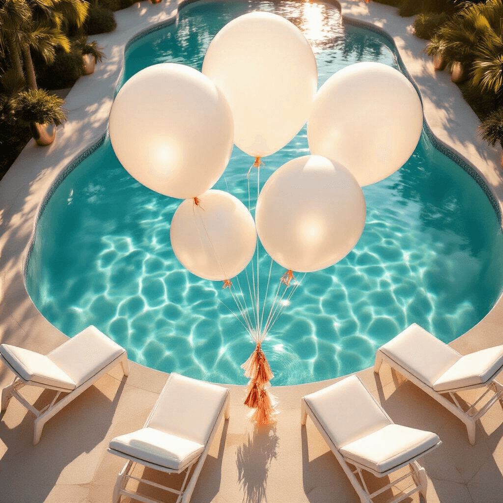 Aerial view of a luxurious pool party at golden hour, featuring massive white translucent balloons floating on crystal-clear turquoise water, surrounded by elegant white lounge chairs and scattered rose gold and ivory balloon tassels, with soft afternoon sunlight casting gentle shadows and sophisticated metallic pool weights anchoring the balloons.