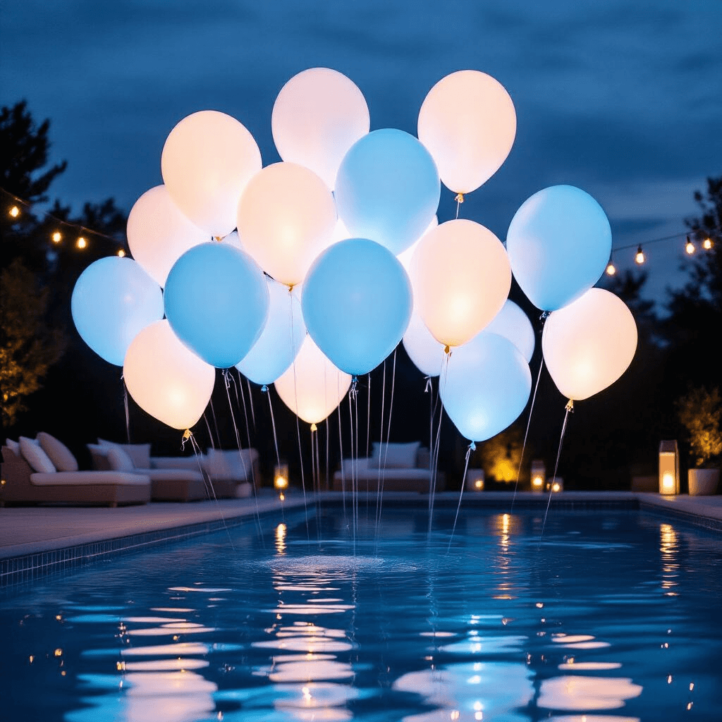 A nighttime pool celebration featuring glowing 36-inch LED balloons in cool white and pale blue hues, floating above dark water, surrounded by fairy lights and modern minimalist furniture, with reflections creating a magical ambiance and ethereal underwater balloon silhouettes captured from a low angle.