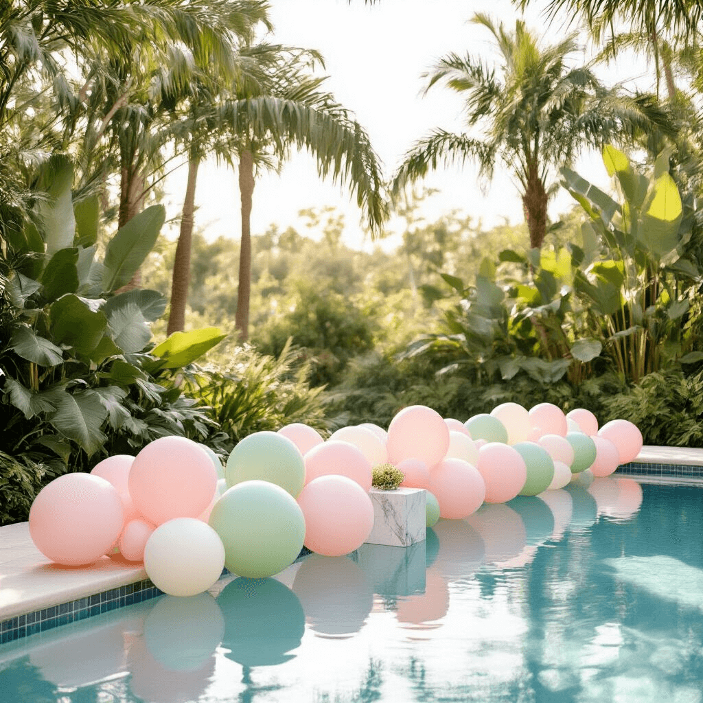 Sophisticated outdoor summer pool setup with pastel helium balloons in blush pink, sage green, and ivory, anchored with marble-look weights, surrounded by lush tropical plants and soft morning light filtering through palm trees.