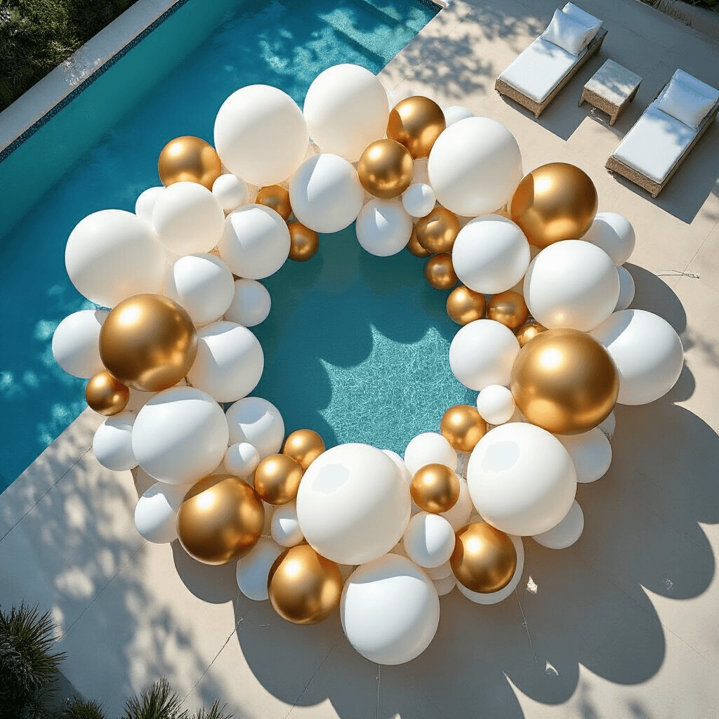 Dramatic overhead view of a pool adorned with mixed-size white and metallic gold balloons arranged in a geometric pattern, casting shadows on the sparkling blue water, surrounded by modern white furniture, captured from a second-story perspective with clear fishing line creating an illusion of floating balloons.
