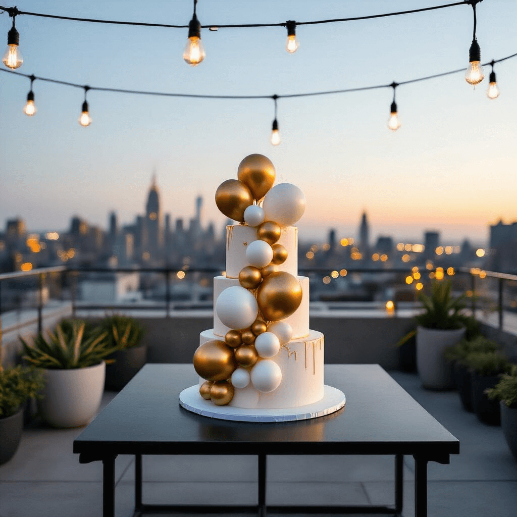 How to Create a Show-Stopping Cake with Balloons That'll Make Everyone Gasp An elegant rooftop party setting at twilight, featuring a stunning balloon-adorned cake as the centerpiece on a sleek black dining table. The cake, adorned with metallic gold and white candy balloons, appears to float above the dessert. Soft ambient lighting from Edison bulbs casts a warm glow, while potted succulents decorate the concrete terrace. A blurred city skyline provides a sophisticated backdrop, enhancing the magical atmosphere of the evening celebration.