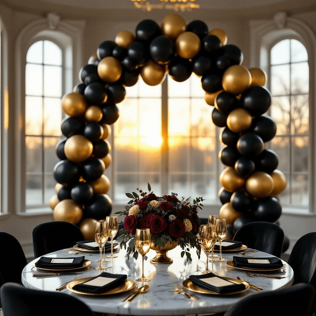 A sophisticated 40th birthday party scene featuring a black and gold balloon arch in an elegant dining room, with golden sunset light casting warm shadows. A marble table is adorned with gold-rimmed champagne glasses, black velvet chair covers, and low floral centerpieces of dark burgundy roses and eucalyptus, creating a festive yet classy atmosphere.