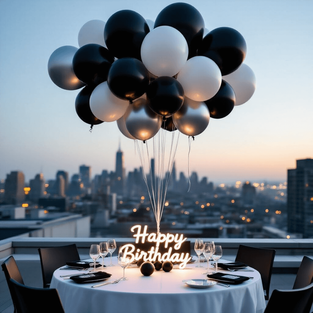Cinematic overhead view of a modern rooftop birthday celebration with a monochromatic balloon installation, city skyline at twilight, and sleek minimalist styling.