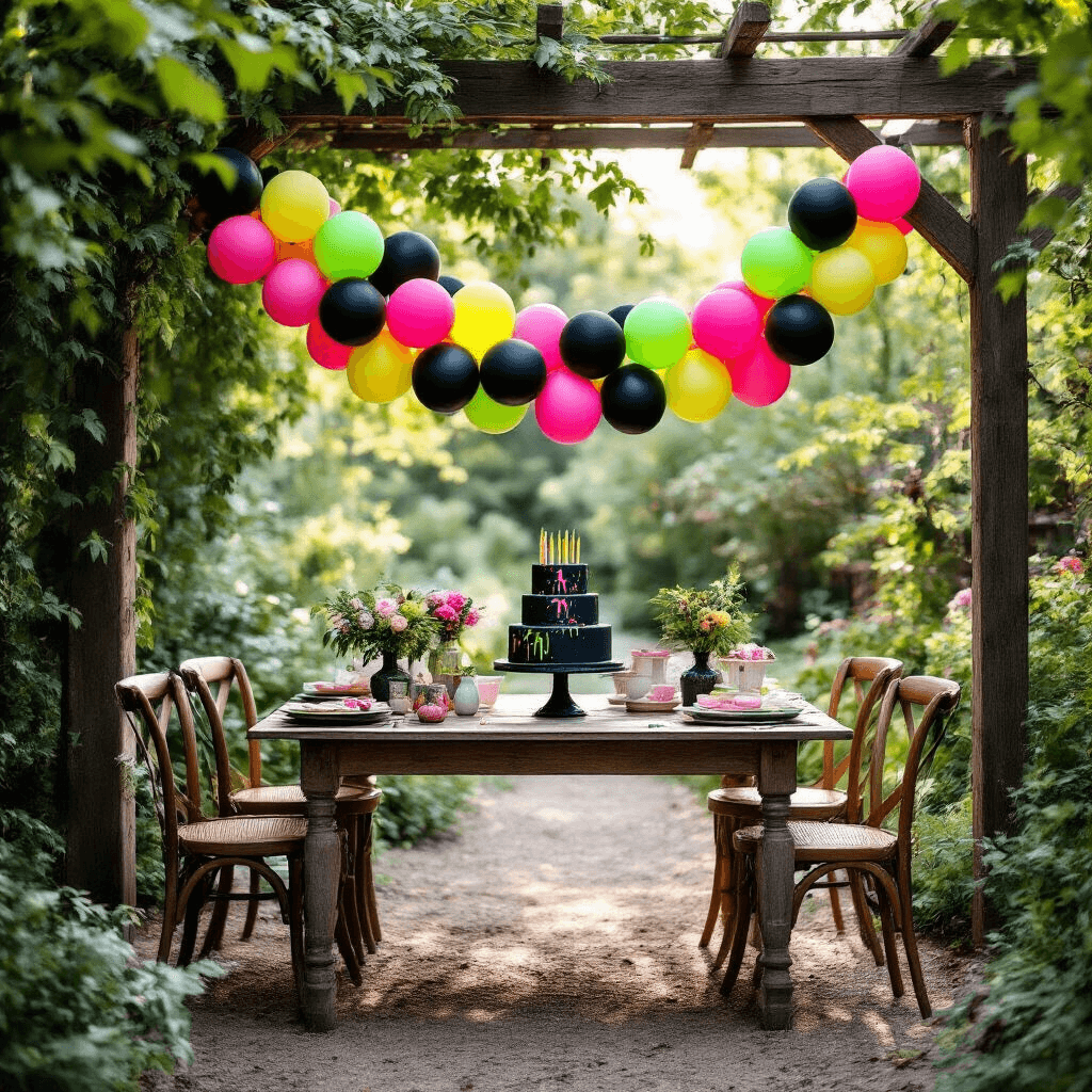 An intimate garden birthday scene featuring a playful black and neon balloon garland draped over a rustic wooden pergola, with soft morning light filtering through lush greenery. A vintage farm table with mismatched chairs is adorned with a handcrafted dessert station featuring a black cake with neon splatter, surrounded by trailing greenery and personal photo displays.