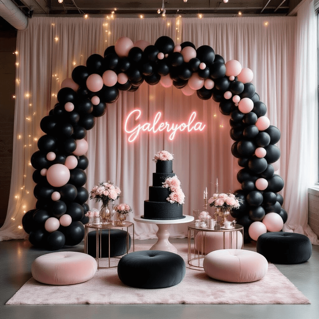 Glamorous teen birthday party setup in a modern loft, featuring a black and blush pink balloon installation, plush velvet floor cushions, a black fondant cake with blush sugar flowers, and a twinkling fairy light backdrop, creating a sophisticated yet playful atmosphere.