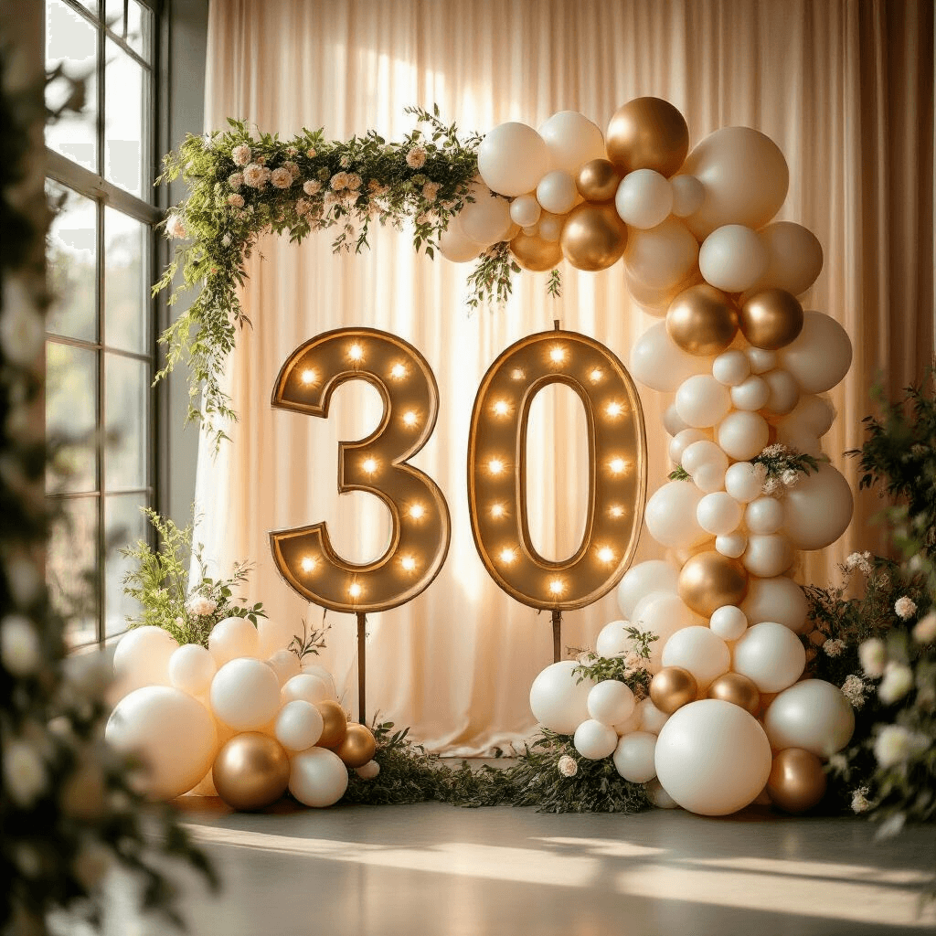 A luxurious event space featuring a gold 30-inch marquee number illuminated against a soft blush and champagne backdrop, adorned with an elegant balloon garland in ivory, pearl white, and metallic gold tones, bathed in warm golden hour light from floor-to-ceiling windows.