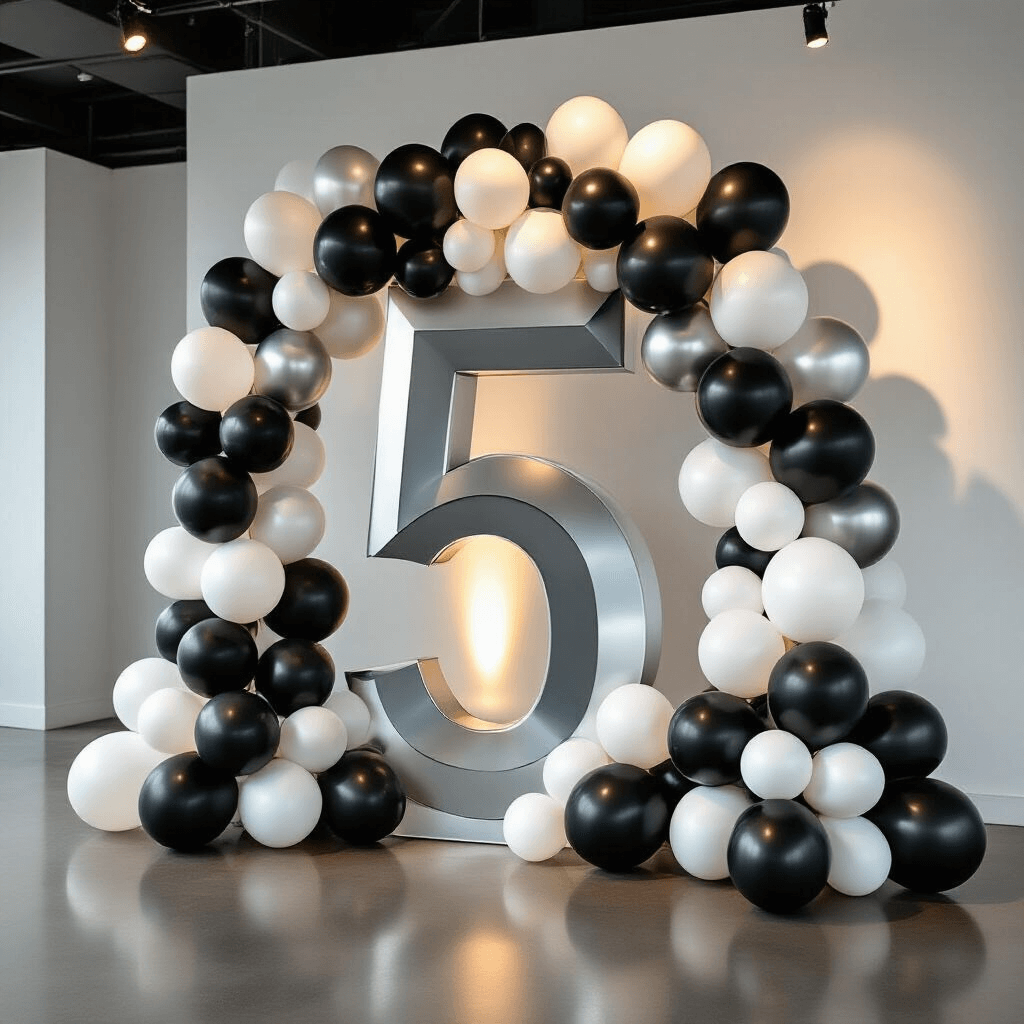 A sleek silver 5-foot marquee number surrounded by a curated balloon garland in matte black, pearl white, and chrome silver, against a minimalist white wall, with strategic lighting highlighting the textured arrangement for a corporate anniversary celebration.
