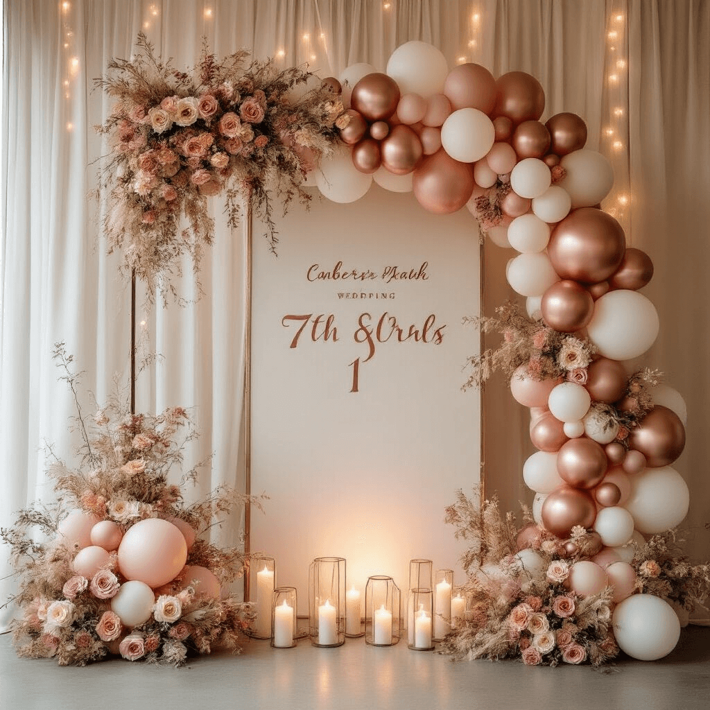 A dreamy wedding reception setup featuring a rose gold marquee number, surrounded by an organic balloon garland in dusty rose, ivory, and metallic rose gold, with soft candlelight and fairy lights, creating a romantic ambiance.