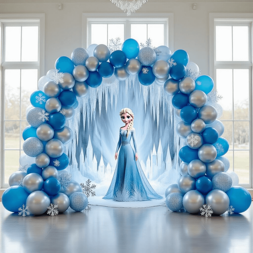 A beautifully decorated Frozen-themed party in a bright ballroom featuring a giant Elsa foil balloon against an ice-inspired backdrop, with a towering glacier blue and silver balloon garland, soft natural light, and delicate snowflake accents.