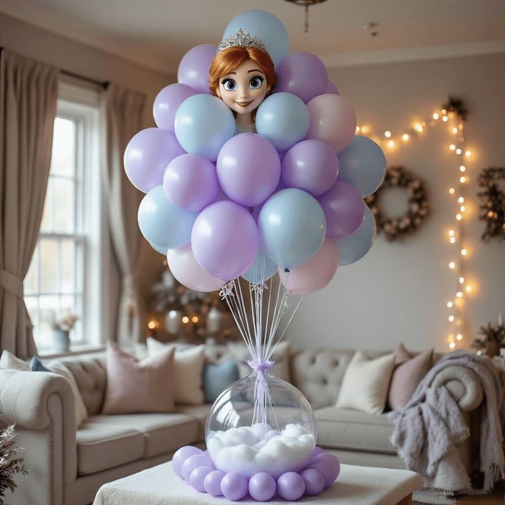 An intimate living room decorated for an Arendelle-inspired celebration, featuring a large Anna character balloon at the center of a lavender and pale blue balloon bouquet, soft fairy lights, metallic accents, and a handcrafted balloon garland along the wall, all anchored by a snow-filled clear glass vase.
