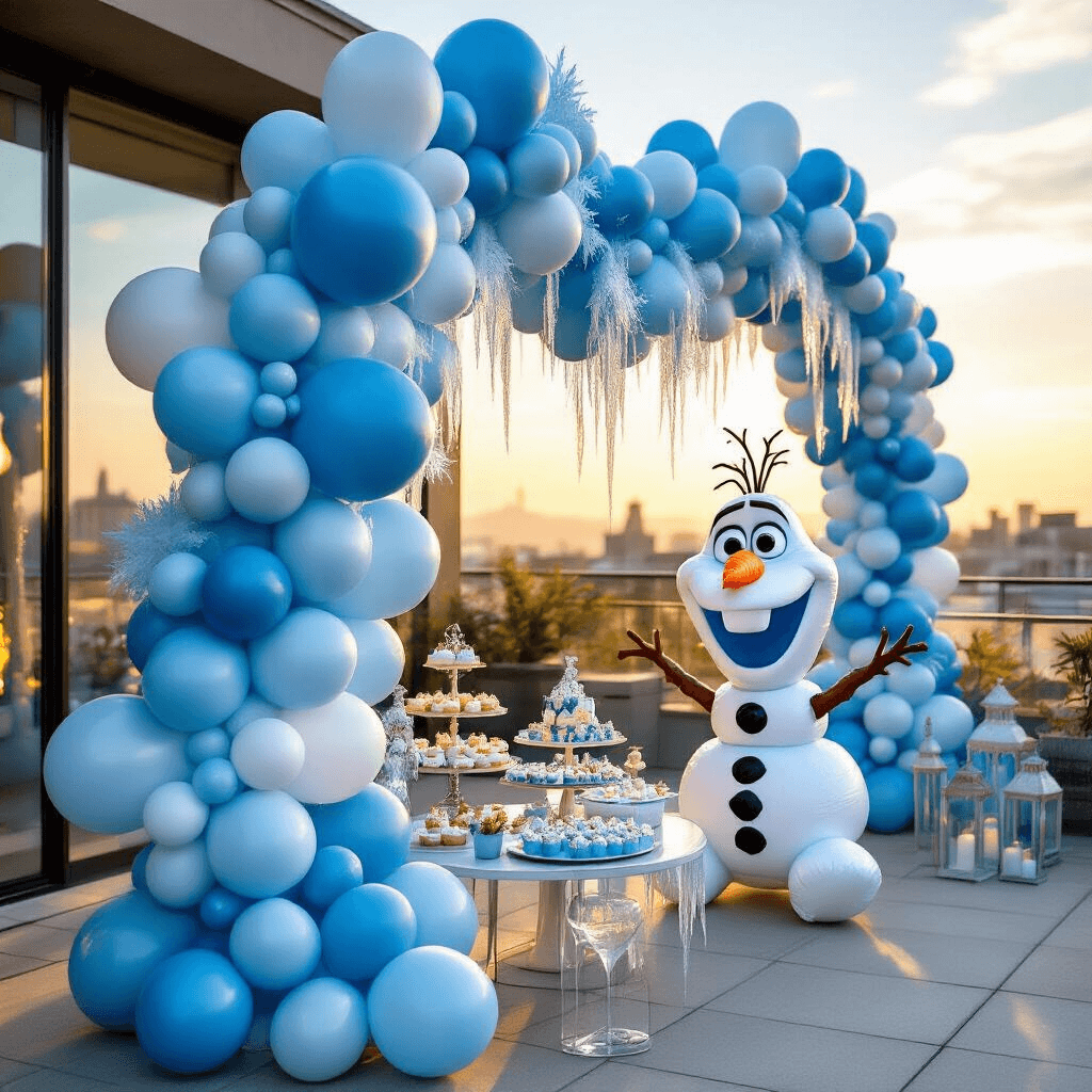 A rooftop terrace party with a Frozen balloon installation featuring a flowing garland of blue and white balloons, anchored securely. A large Olaf foil balloon is near a dessert table adorned with Frozen-themed treats, all illuminated by golden hour sunlight for a magical atmosphere.