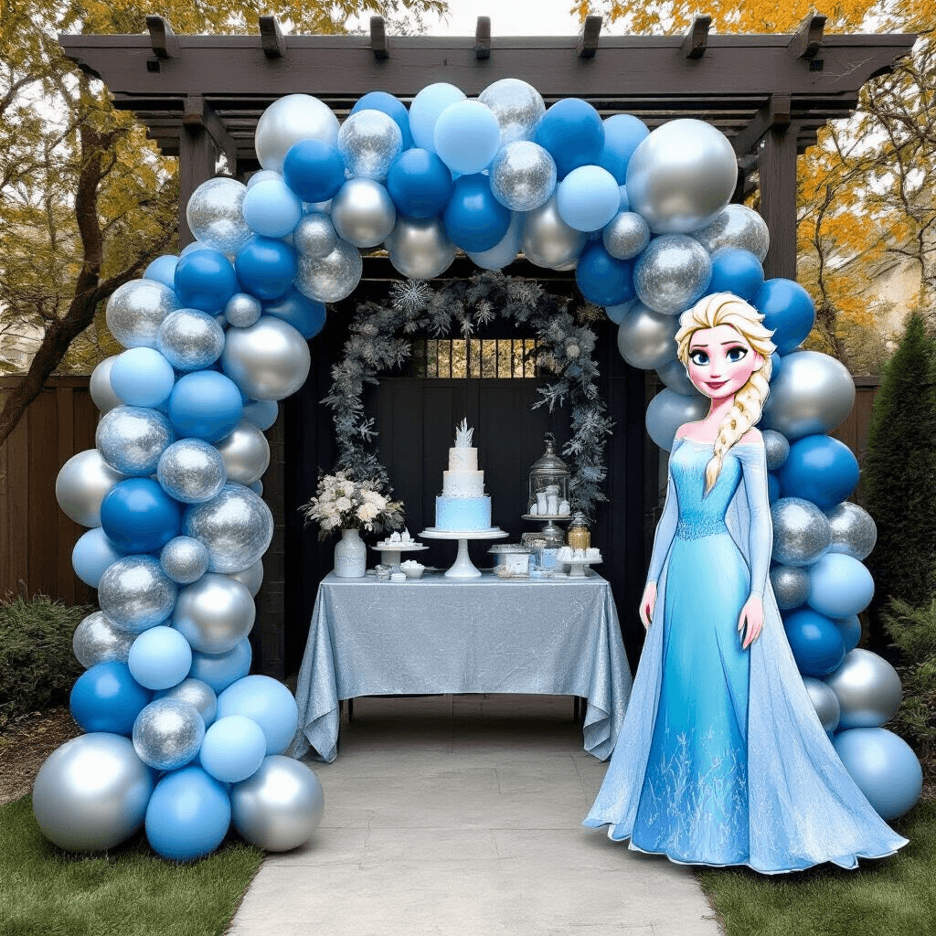 A modern backyard party space featuring a Frozen balloon arch of glacier blue, silver, and clear confetti balloons, with a statement Elsa balloon near a dessert table adorned with winter-themed decor.