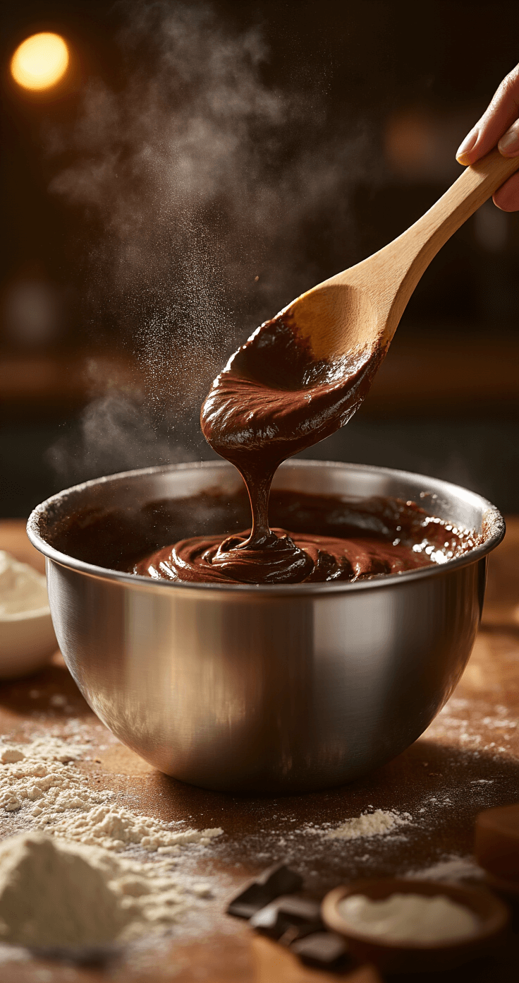 Cinematic close-up of chocolate cake batter being mixed in a stainless steel bowl, with steam rising, golden lighting, and flour particles in the air, set on a marble countertop with baking essentials.