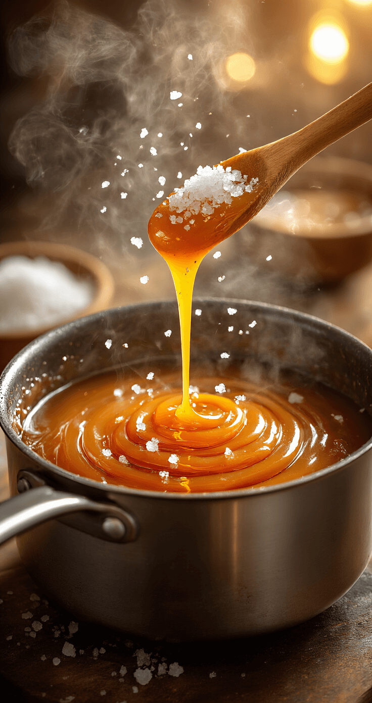 Dramatic overhead view of bubbling salted caramel sauce with sea salt crystals suspended above, steam rising, and a wooden spoon creating swirls, set against a softly blurred kitchen background.