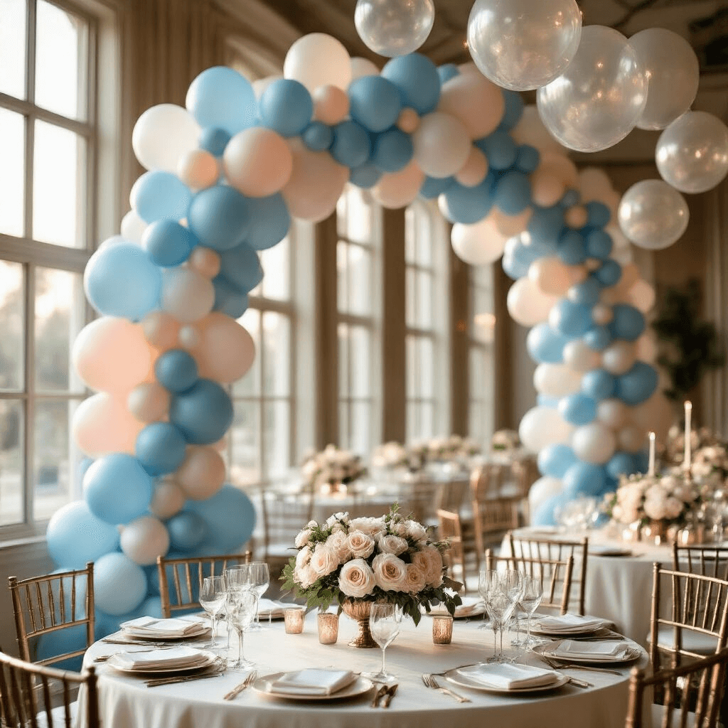 A sophisticated wedding reception ballroom adorned with a dusty blue and blush pink balloon arch, illuminated by golden hour light streaming through tall windows. Elegant table settings with silk linens, chrome and metallic blue balloons, and white ceramic vases filled with cream roses and eucalyptus create a romantic atmosphere. A mixed-size balloon installation and marble tables with rose gold accents enhance the dreamy setting.