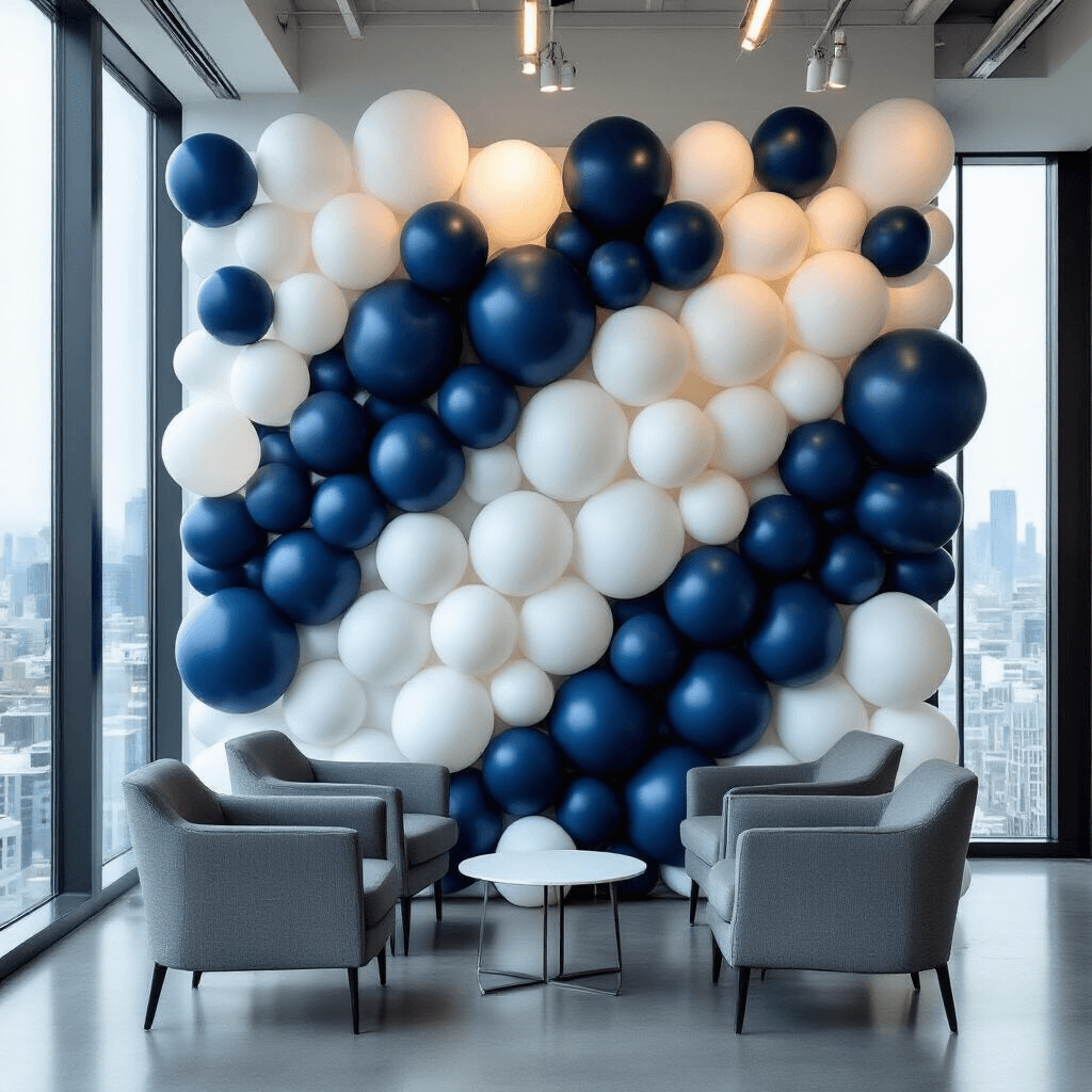 A modern corporate event space with a navy blue and white balloon wall backdrop, featuring geometric arrangements, sleek gray furniture, minimalist lighting, and city skyline views.