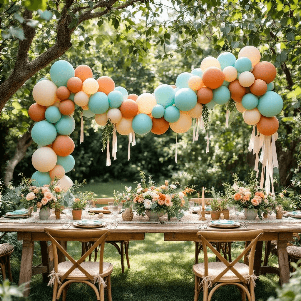 A vibrant summer birthday party scene in a lush garden, featuring a sky blue and sage green balloon garland with terracotta and cream balloons, rustic wooden tables adorned with bohemian table settings and fresh floral centerpieces, all bathed in natural sunlight.