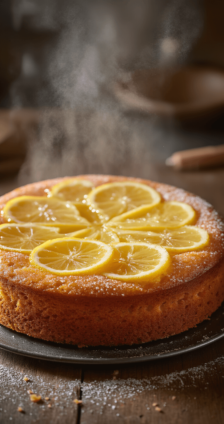 Cinematic overhead view of a golden lemon drizzle cake emerging from the oven, with steam rising, featuring a bronzed surface, glistening sugar drizzle, and detailed texture, set against a warm, softly focused kitchen background.