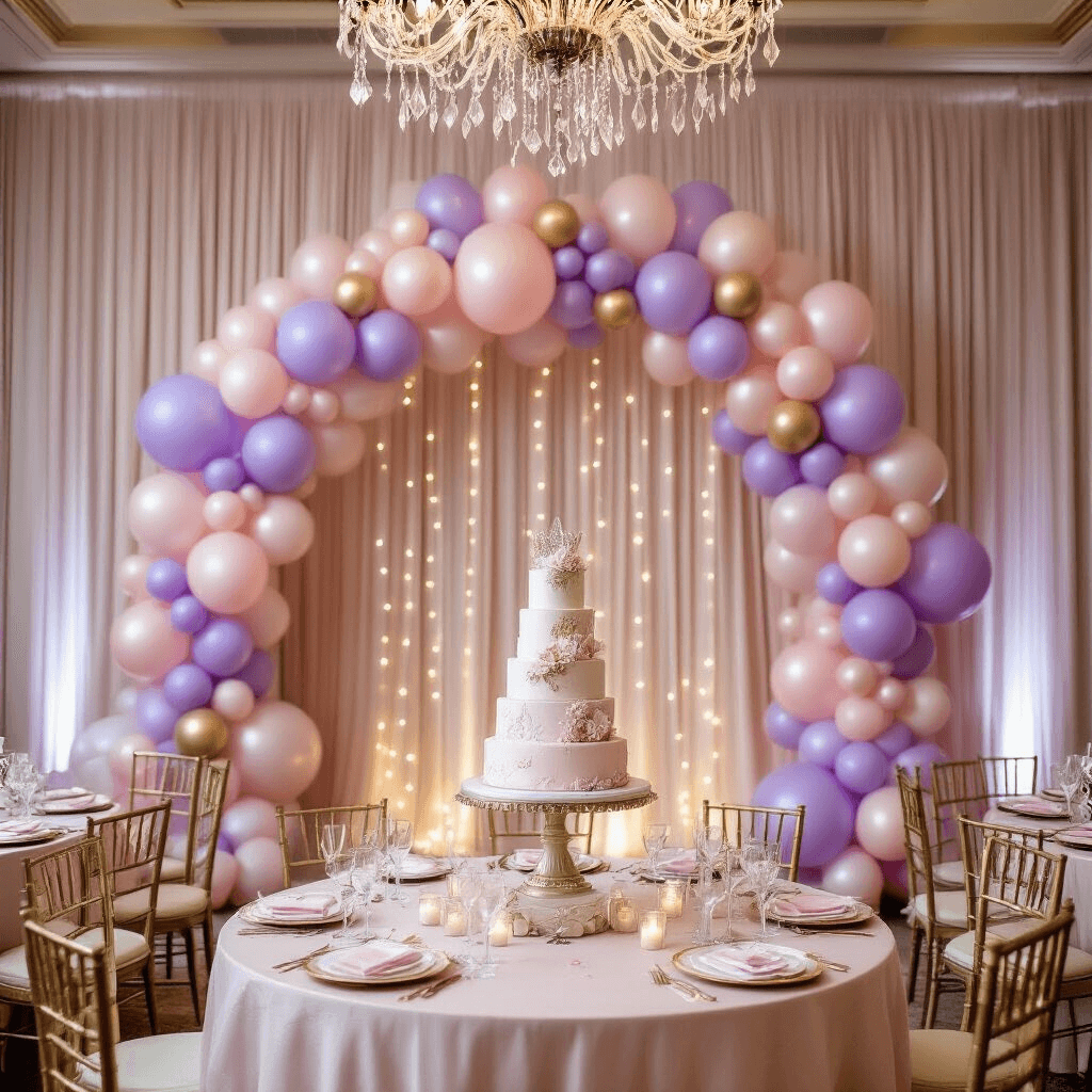 An elegant Disney princess birthday celebration featuring a grand indoor ballroom adorned with crystal chandeliers, vertical installations of lavender and soft pink mylar princess balloons against sheer blush drapery, intricate balloon garlands with metallic gold accents, a tiered marble cake stand with delicate sugar flowers, ornate gold chairs with velvet cushions, and an enchanting atmosphere enhanced by soft fairy lights, all set in a rose gold and ivory color scheme with delicate pearl accessories.