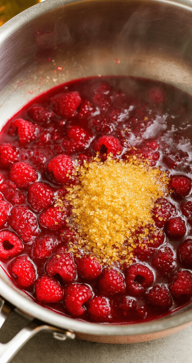 Close-up overhead image of a copper saucepan with bright red raspberries simmering, steam rising, and golden sugar crystals, illuminated by warm kitchen lighting.