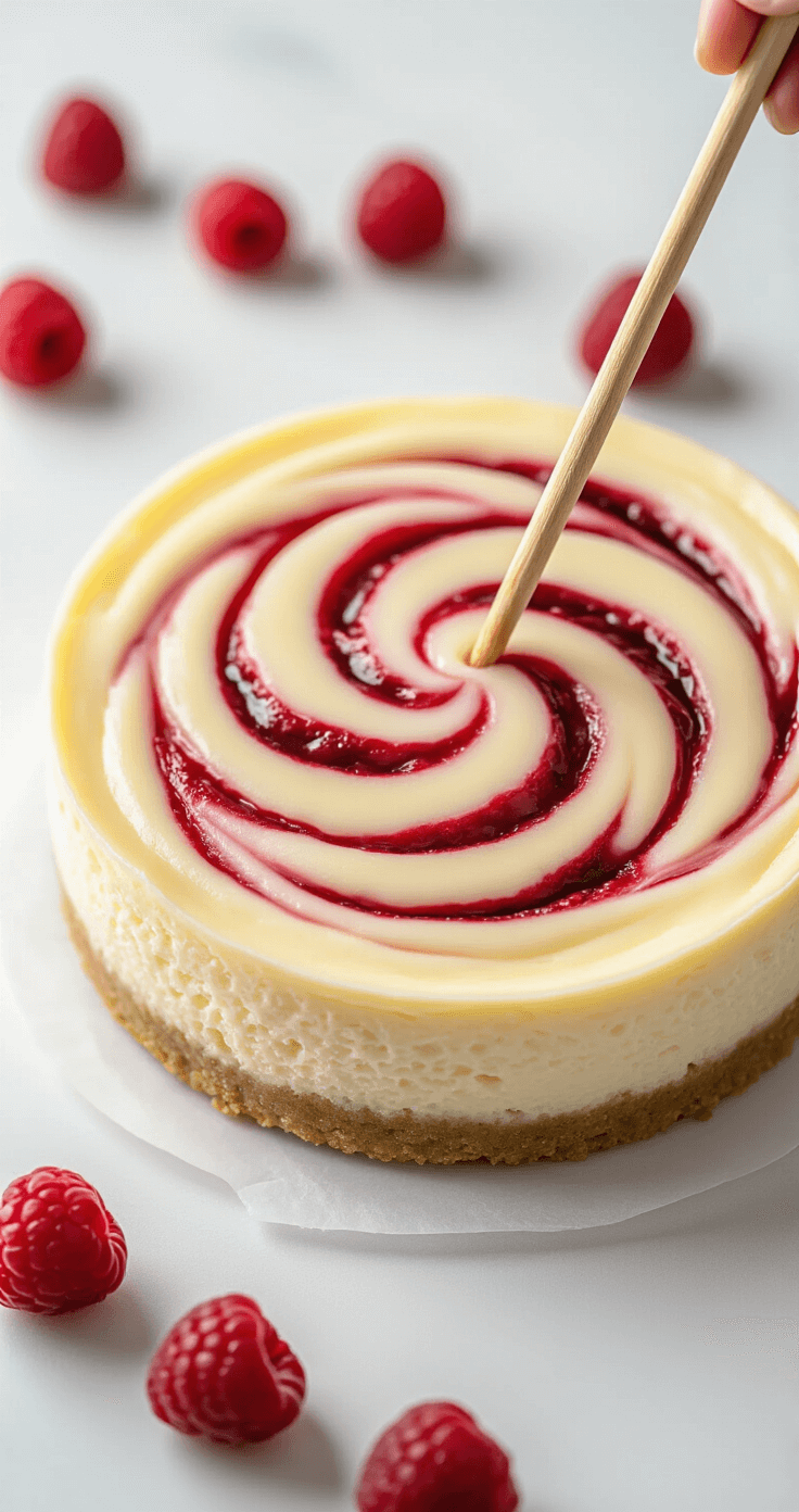 A wooden skewer skillfully creates raspberry swirls in creamy white cheesecake batter, capturing the elegant figure-eight movement and marble-like pattern against a bright white background.