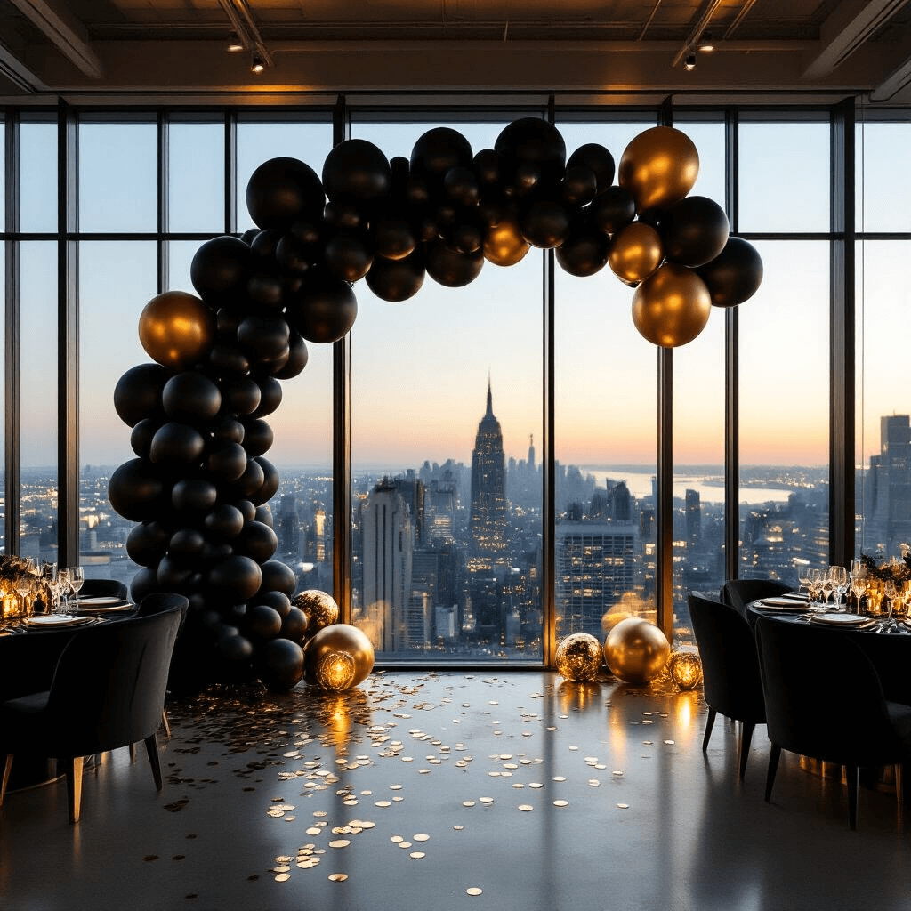 Black Balloons Aesthetic: How I Transform Events with Moody Elegance A sophisticated New Year's Eve party in a sleek loft, featuring a matte black balloon arch, soft gold uplighting, and elegant black and gold place settings, with a twinkling city skyline in the background.