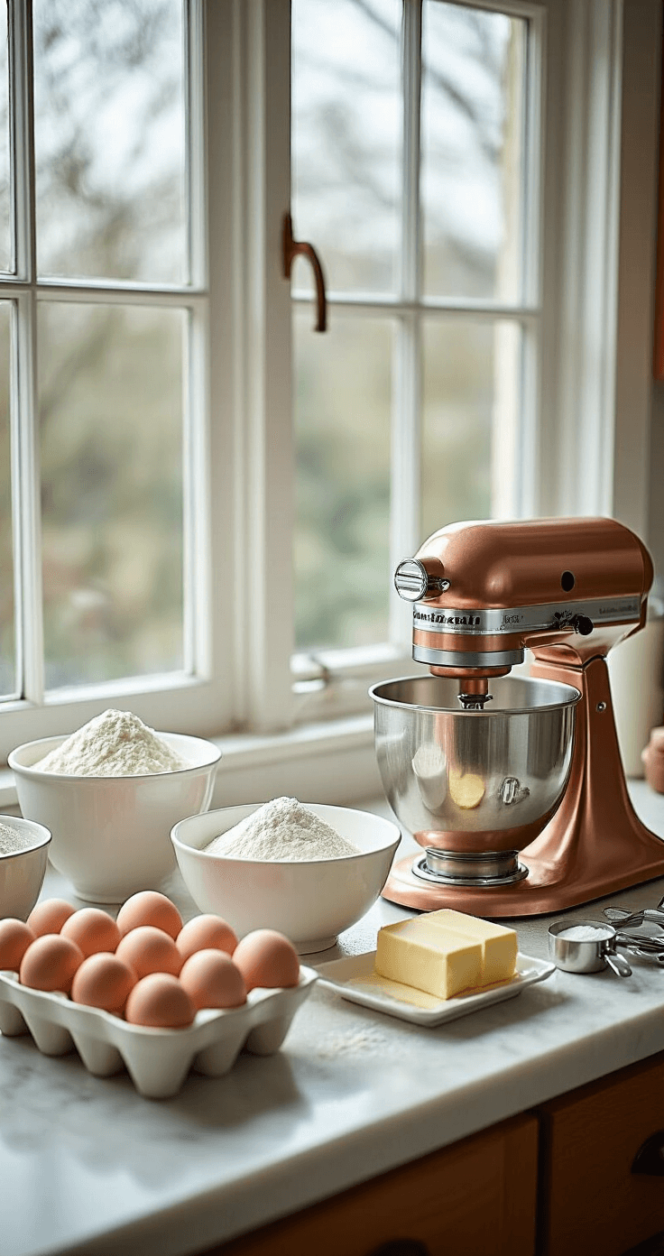 A pristine kitchen countertop featuring neatly arranged baking ingredients: six room temperature eggs, a gleaming copper stand mixer, sifted flour in a white porcelain bowl, unsalted butter, vanilla extract, and various measuring tools, all illuminated by soft natural light.