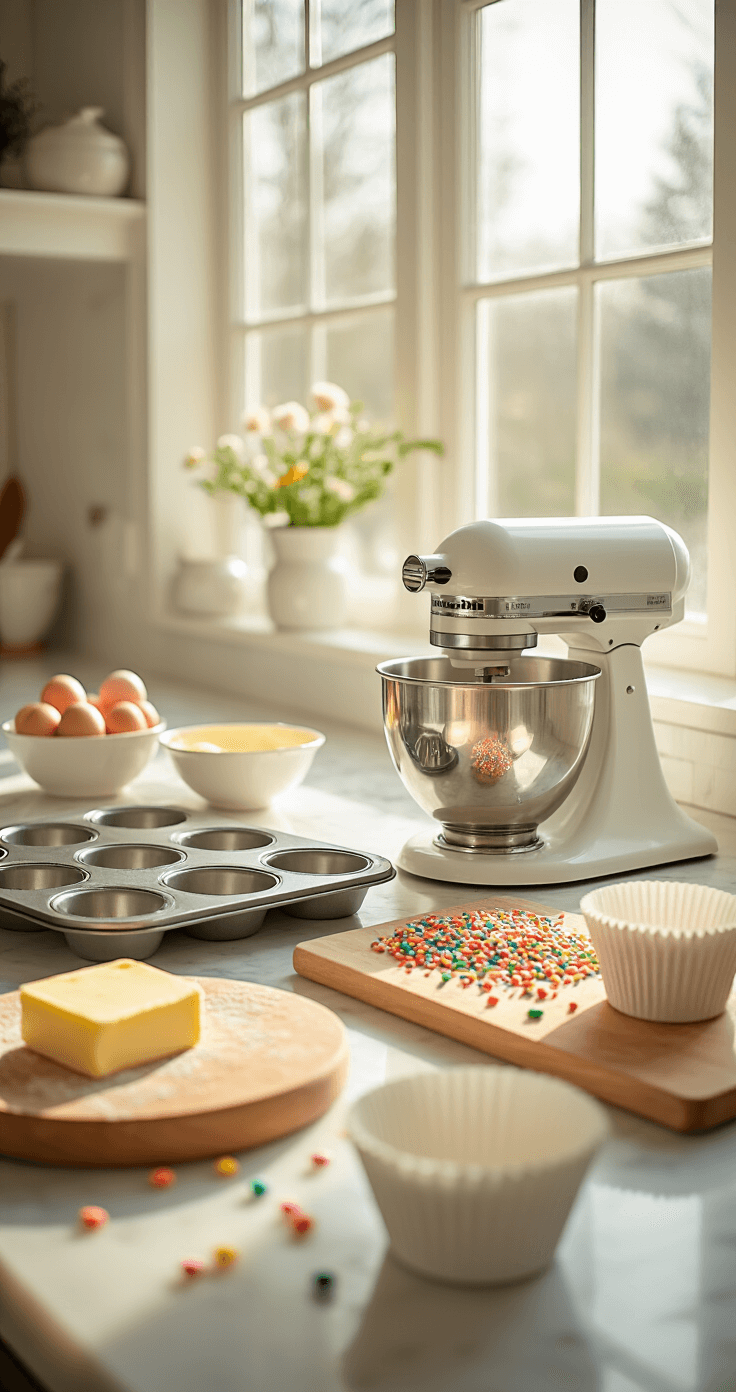 A bright, sunlit kitchen featuring marble countertops, softened butter and eggs, colorful rainbow sprinkles, and neatly organized baking tools like a stand mixer and muffin tin, all bathed in warm morning light.