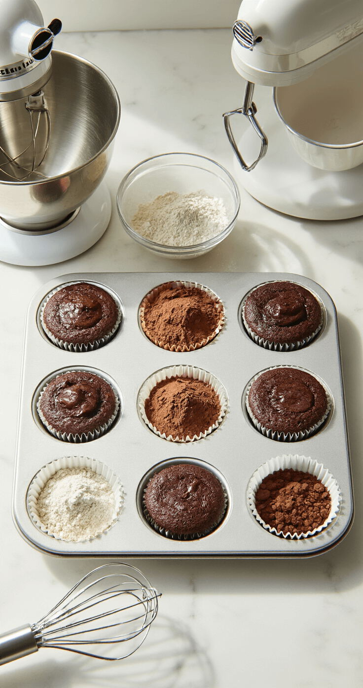 A cinematic overhead view of a pristine kitchen counter featuring precisely measured baking ingredients, including cocoa powder and flour, with soft morning light illuminating stainless steel mixing bowls and a ready-to-use electric mixer, alongside crisp white cupcake liners in a muffin tin.