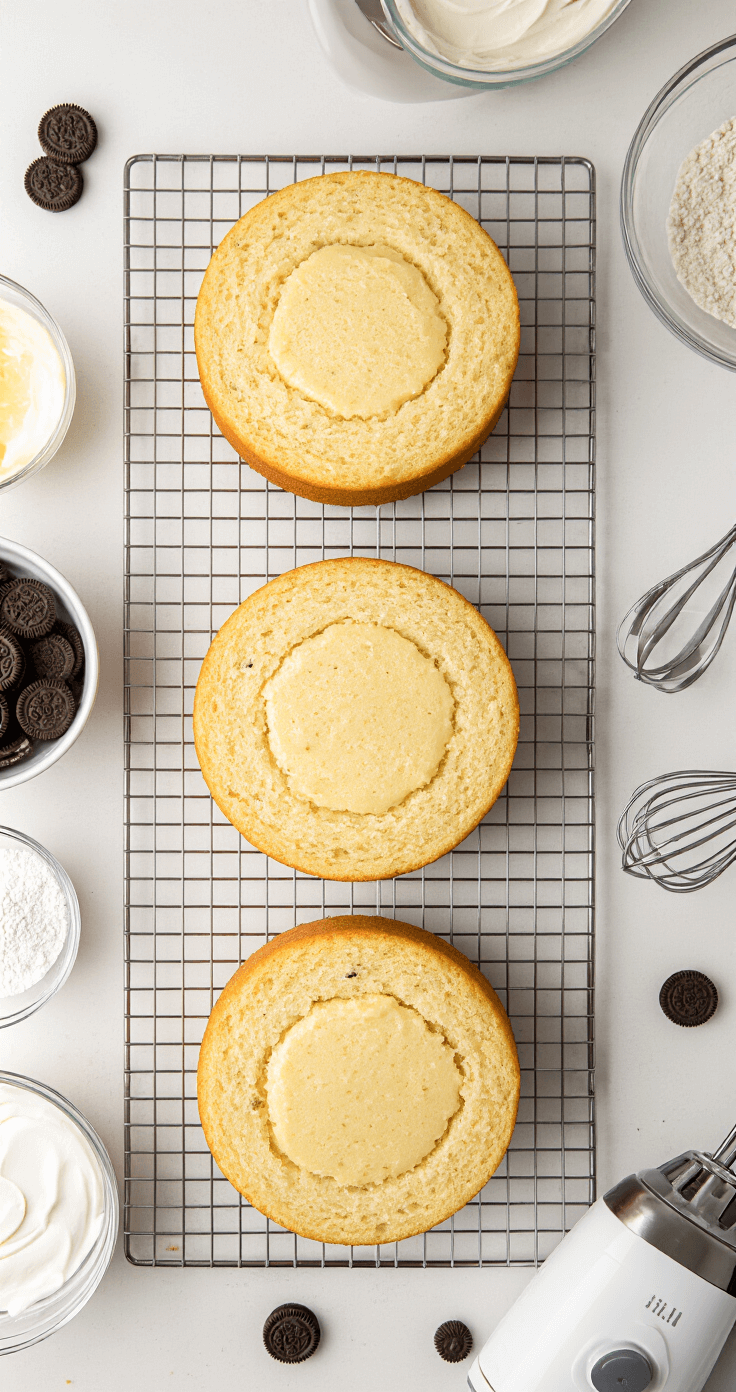 Aerial view of a professional kitchen counter featuring three golden-brown cake layers cooling on wire racks, surrounded by mixing bowls, an electric mixer, and scattered Oreo cookie pieces, all bathed in soft natural light.