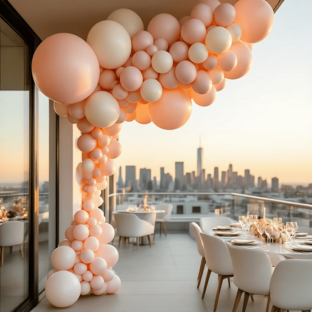 A luxurious rooftop event featuring an elegant balloon installation in soft blush pink, ivory, and champagne tones, cascading across a sleek white railing with city skyline views. Delicate 5-inch accent balloons enhance the textured design, while minimalist white chairs, crystal champagne glasses, and subtle metallic accents complete the sophisticated decor. Soft evening sunlight filters through the installation, creating gentle shadows.
