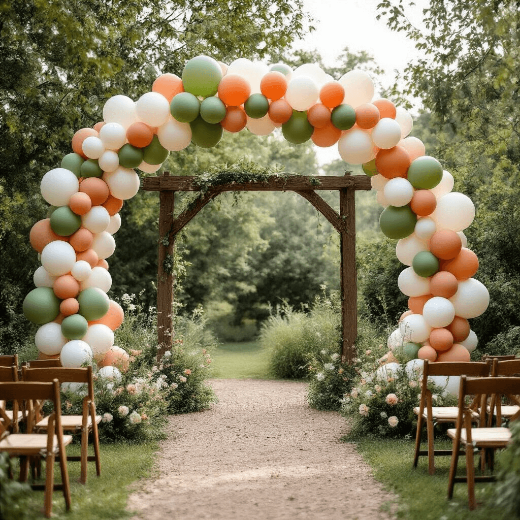 A whimsical outdoor garden wedding featuring a dramatic balloon arch in sage green, white, and soft terracotta, framing a rustic wooden ceremony arch, surrounded by lush greenery and illuminated by soft morning light. Scattered wildflowers and vintage wooden chairs enhance the romantic atmosphere.