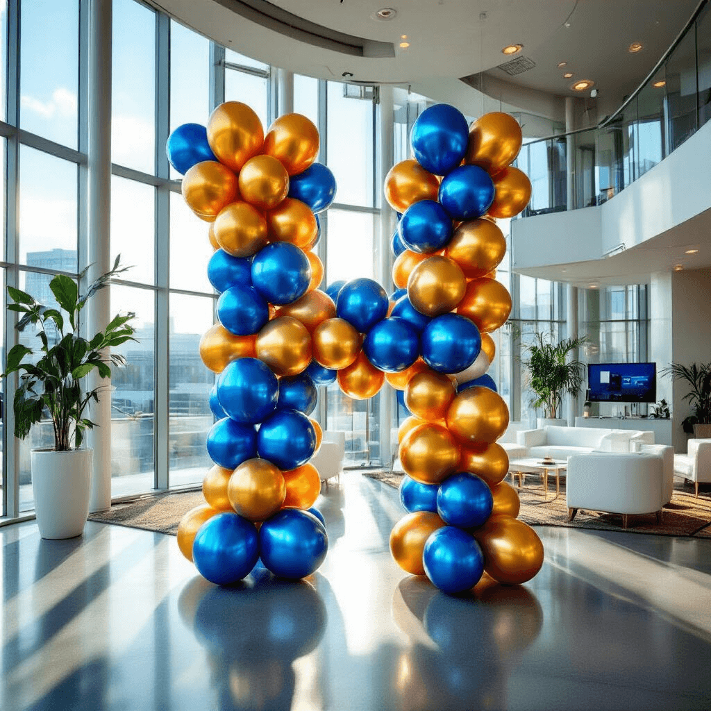A vibrant corporate launch event showcasing a precision-engineered balloon installation in brand colors, forming a geometric logo shape with metallic foil and 260Q balloons, set in a modern conference center with floor-to-ceiling windows, accented by minimalist furniture and sleek technology displays.