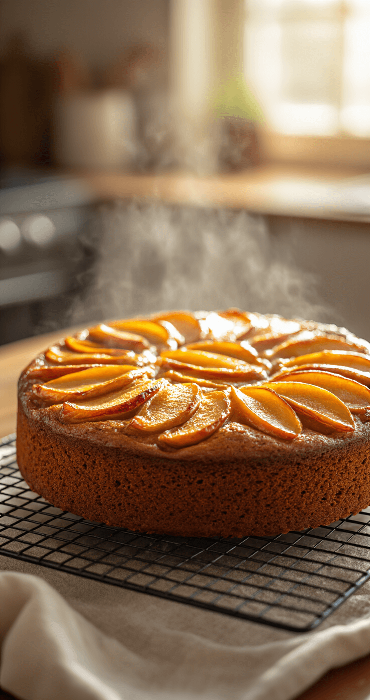 Close-up of a freshly baked spiced apple cake on a wire cooling rack, featuring a deep golden-brown surface and caramelized apple slices on top, with steam rising and warm kitchen ambiance in soft focus.
