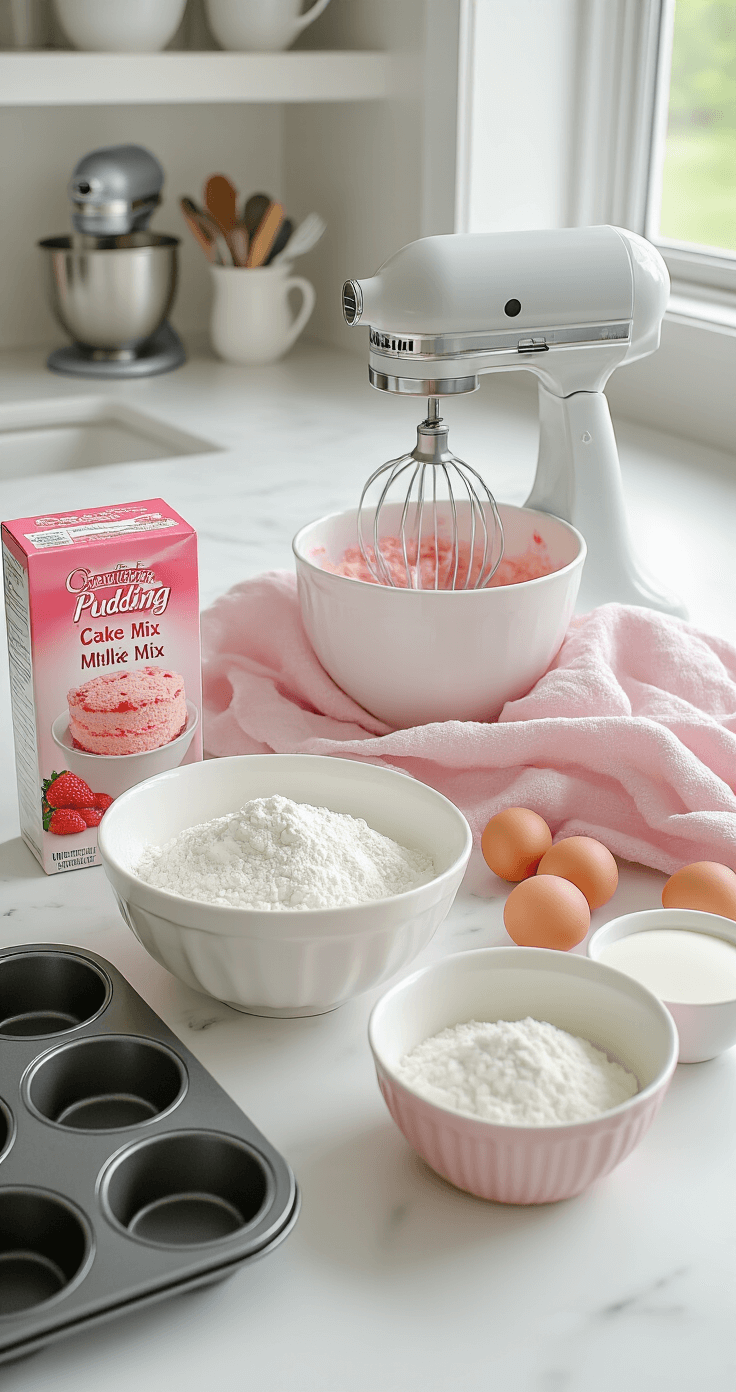 A pristine kitchen counter displays neatly arranged ingredients for strawberry cupcakes, including cake mix, pudding mix, milk powder, eggs, and buttermilk, with electric mixer and pastel pink towel in soft natural light.
