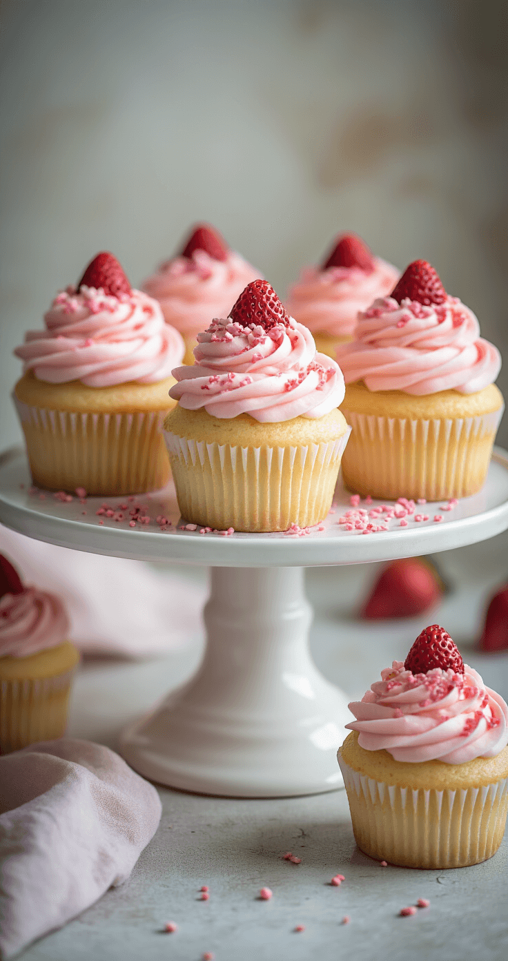 Beautifully frosted pink cupcakes with strawberry-infused buttercream on a vintage white ceramic cake stand, garnished with crushed freeze-dried strawberries and pink sprinkles, set in a soft, diffused natural light background of a rustic kitchen.