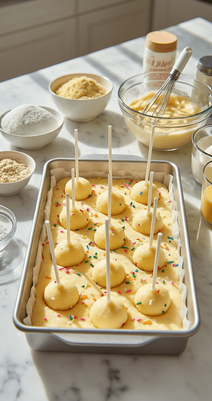 A bright kitchen scene featuring a 9x13 inch pan filled with golden funfetti cake batter, surrounded by neatly arranged mixing bowls and ingredients, all illuminated by soft natural sunlight on marble countertops, illustrating the cake pops baking process.