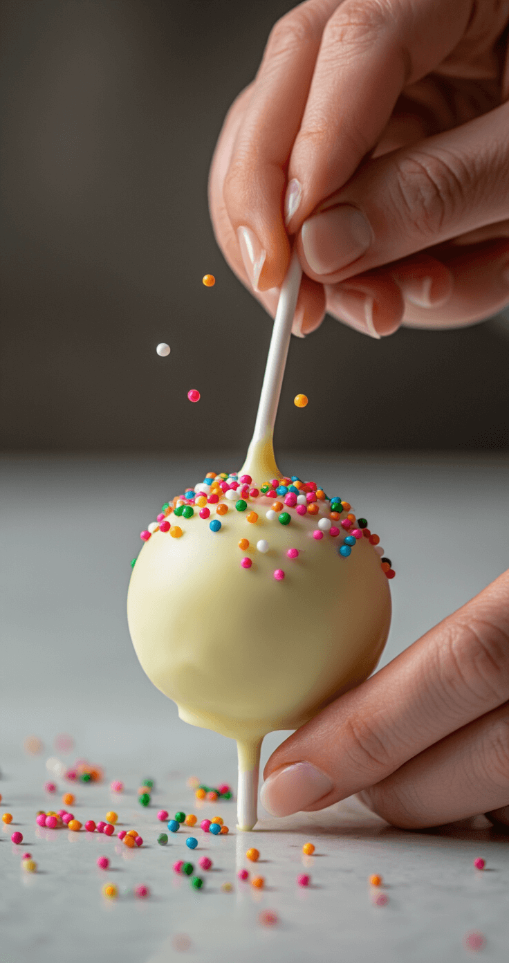 Close-up of hands dipping a cake pop into white chocolate, with rainbow nonpareils mid-sprinkle, dramatic side lighting enhancing the glossy finish, against a pristine white background.