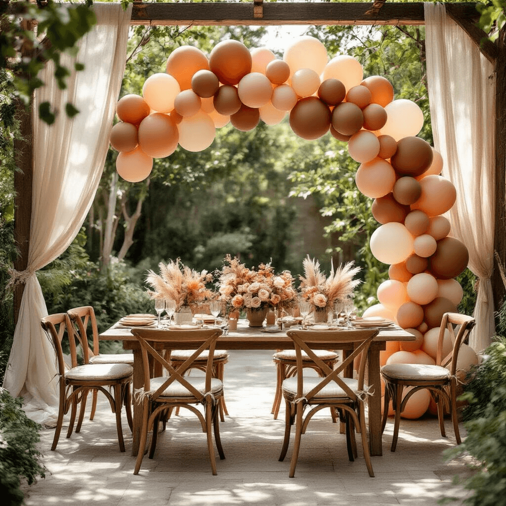 Photorealistic image of an elegant boho bridal shower in a sunlit garden, featuring a gradient balloon arch with mocha, blush, terracotta, and ivory balloons, complemented by wooden furniture and soft linen drapes, creating a warm and sophisticated atmosphere.