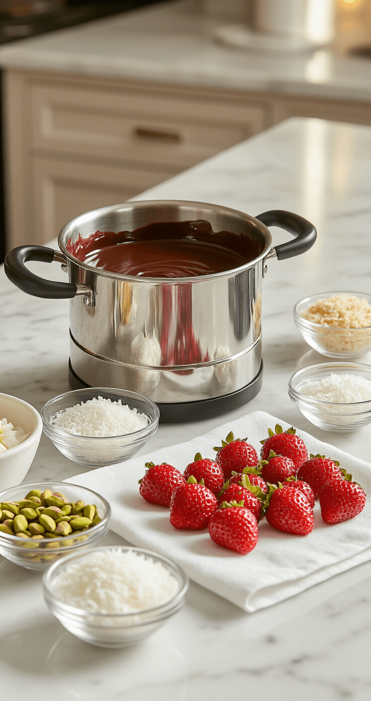 A professional kitchen workspace featuring a marble countertop with a double boiler of melted dark chocolate, bright red strawberries on a white towel, and bowls of toppings like chopped pistachios and shredded coconut, all illuminated by warm lighting.